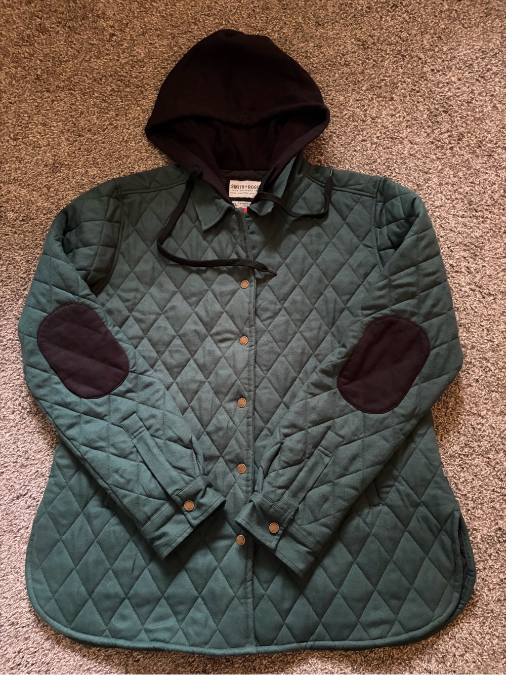 Green Quilted Hooded Utility Jacket with Contrast Elbow Patches